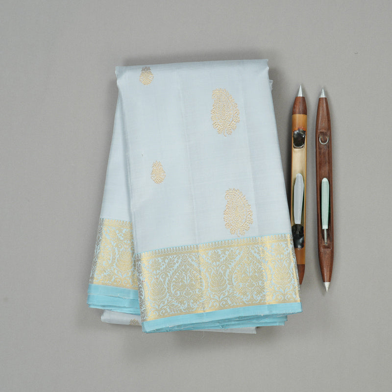 Hayagrivas Silver Grey Handloom Kanjivaram Silk Saree with Light Sky Blue Border KBE190D5-1