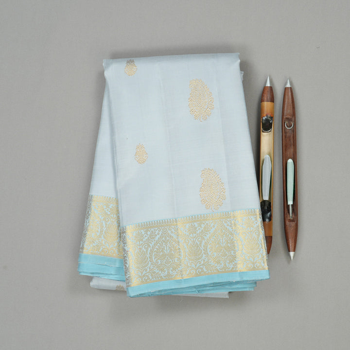 Hayagrivas Silver Grey Handloom Kanjivaram Silk Saree with Light Sky Blue Border KBE190D5-1