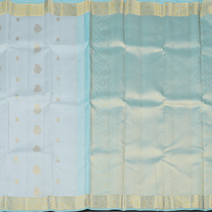 Hayagrivas Silver Grey Handloom Kanjivaram Silk Saree with Light Sky Blue Border KBE190D5-1