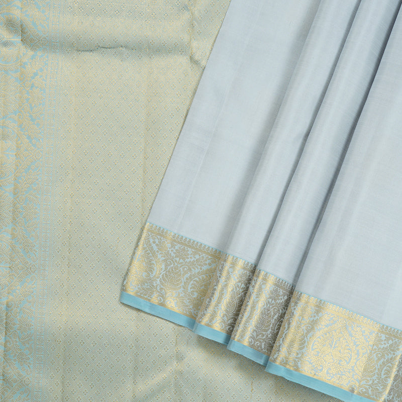 Hayagrivas Silver Grey Handloom Kanjivaram Silk Saree with Light Sky Blue Border KBE190D5-1