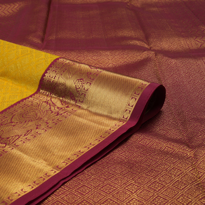 Hayagrivas Handloom Yellow Kanjivaram Silk Saree with Maroon Border KBE1911L14-1