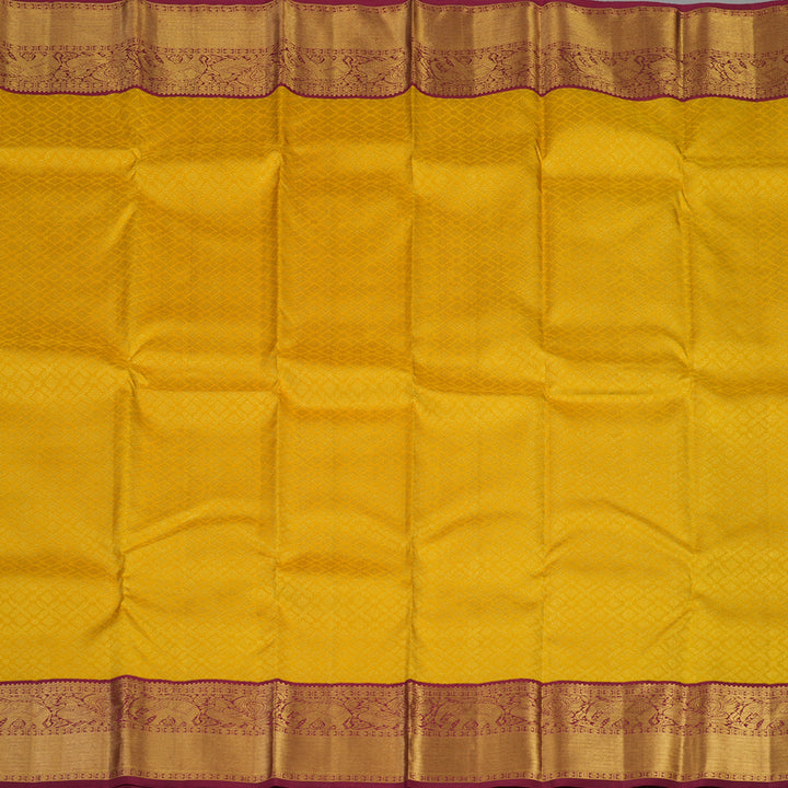 Hayagrivas Handloom Yellow Kanjivaram Silk Saree with Maroon Border KBE1911L14-1