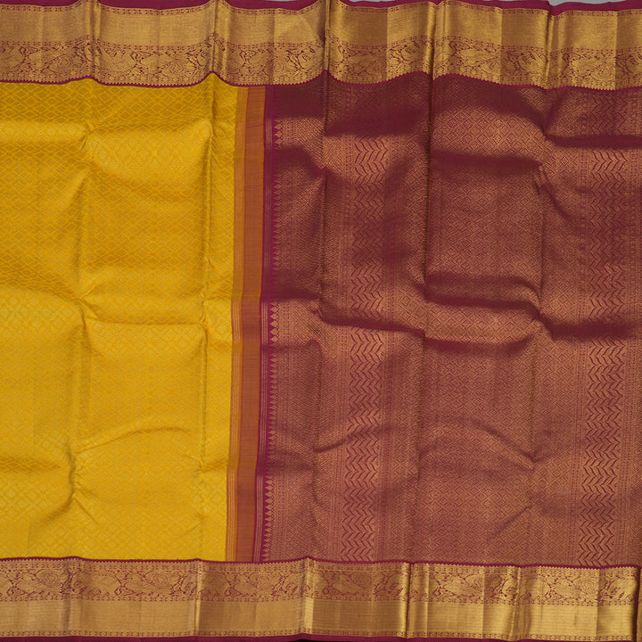 Hayagrivas Handloom Yellow Kanjivaram Silk Saree with Maroon Border KBE1911L14-1