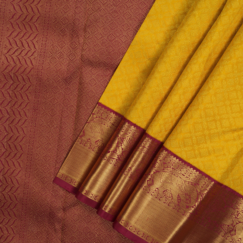 Hayagrivas Handloom Yellow Kanjivaram Silk Saree with Maroon Border KBE1911L14-1