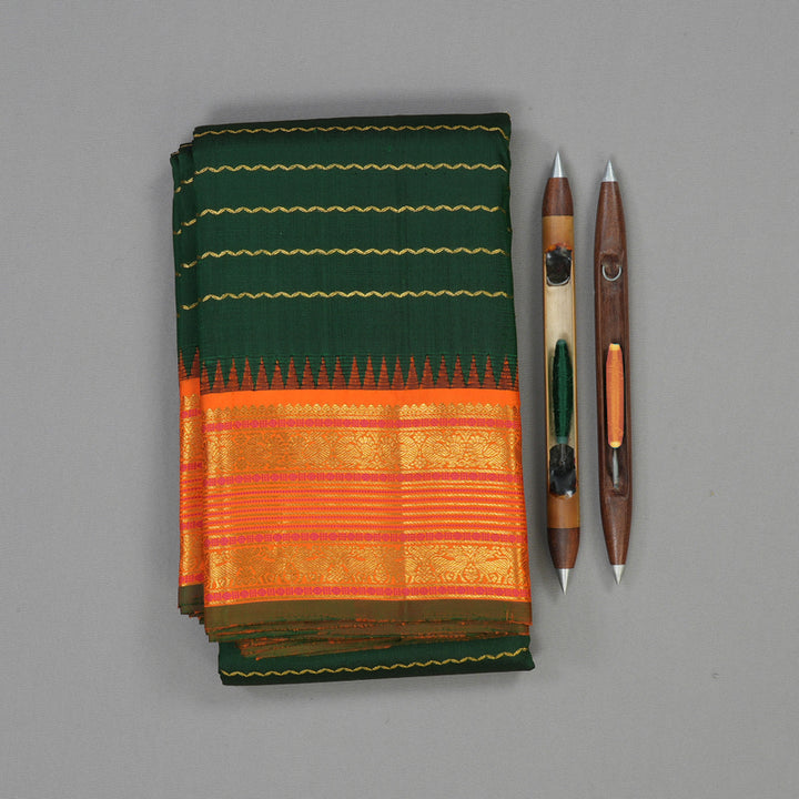 Hayagrivas Handloom Bottle Green Kanjivaram Silk Saree with Orange Border KBE1911L19-1