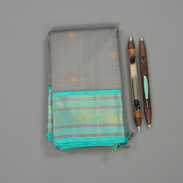 Hayagrivas Handloom Elephant Grey Kanjivaram Silk Saree with Sea Green border KBE1911L4-1
