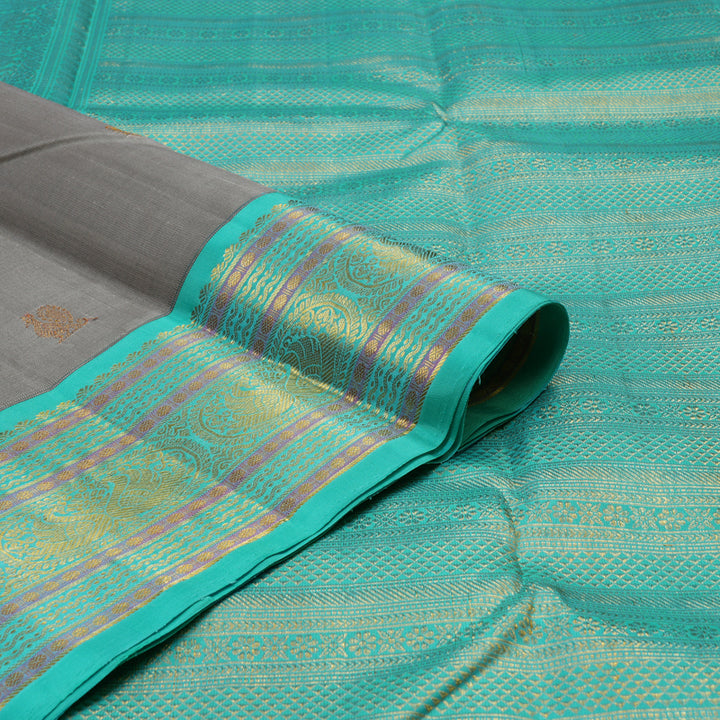 Hayagrivas Handloom Elephant Grey Kanjivaram Silk Saree with Sea Green border KBE1911L4-1