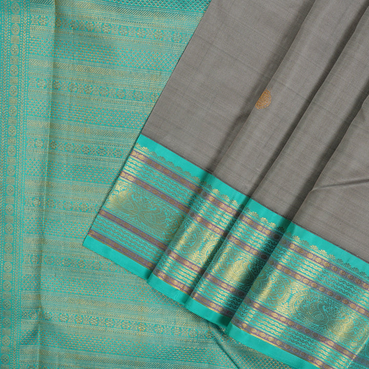 Hayagrivas Handloom Elephant Grey Kanjivaram Silk Saree with Sea Green border KBE1911L4-1