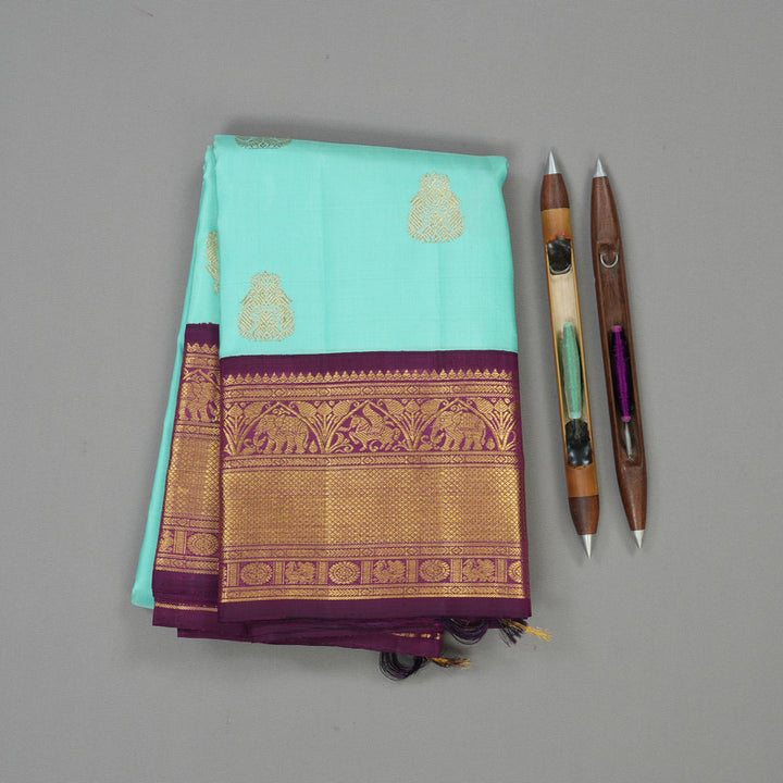 Hayagrivas Handloom Bright Teal Kanjivaram Silk Saree with Purple border KBE1911L7-3