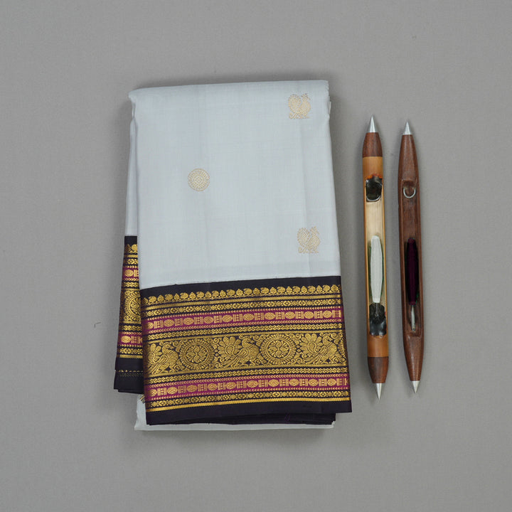 Hayagrivas Handloom Light Grey Kanjivaram Silk Saree with Nagapazham KBE1911L8-1
