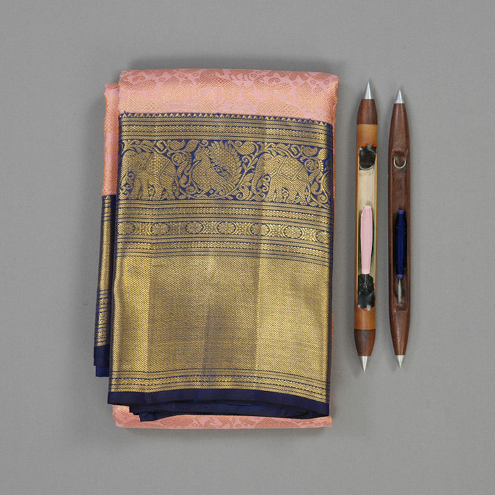 Hayagrivas Handloom Baby Pink Kanjivaram Silk Saree with Peacock Blue Border KBE1912L11-1