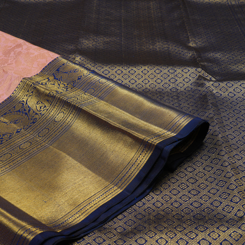 Hayagrivas Handloom Baby Pink Kanjivaram Silk Saree with Peacock Blue Border KBE1912L11-1