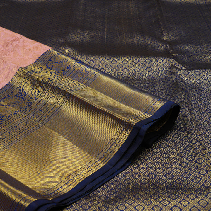 Hayagrivas Handloom Baby Pink Kanjivaram Silk Saree with Peacock Blue Border KBE1912L11-1