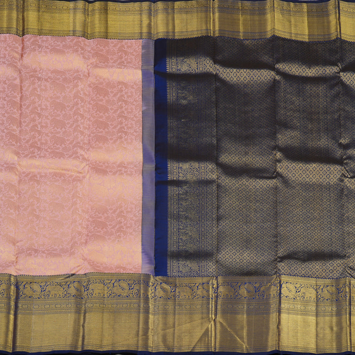 Hayagrivas Handloom Baby Pink Kanjivaram Silk Saree with Peacock Blue Border KBE1912L11-1