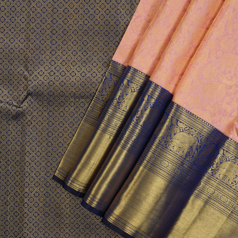 Hayagrivas Handloom Baby Pink Kanjivaram Silk Saree with Peacock Blue Border KBE1912L11-1