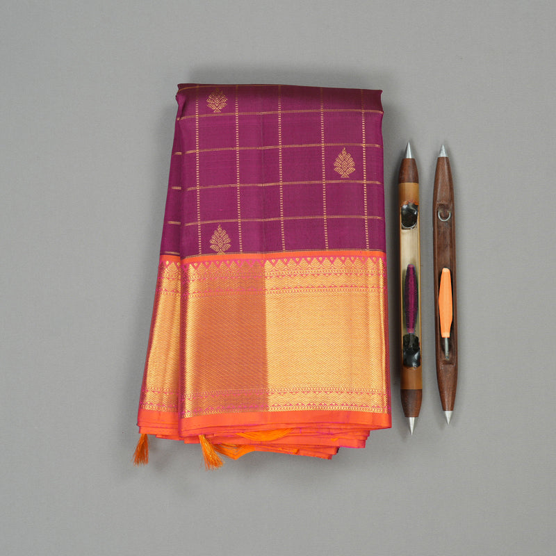 Hayagrivas Purple Handloom Kanjivaram Silk Saree with Orangish Pink Border KBE193D7-3
