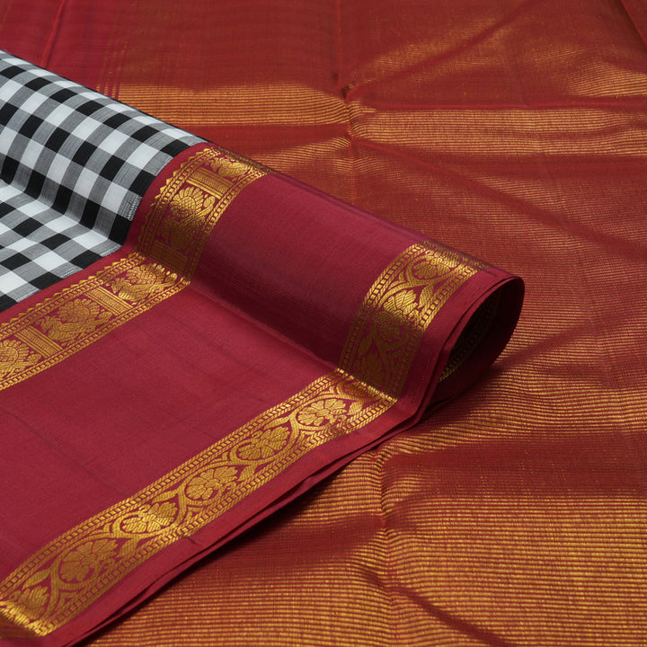 Hayagrivas Handloom Black & White Checks Kanjivaram Silk Saree with Maroon Border KBE1990L6-1