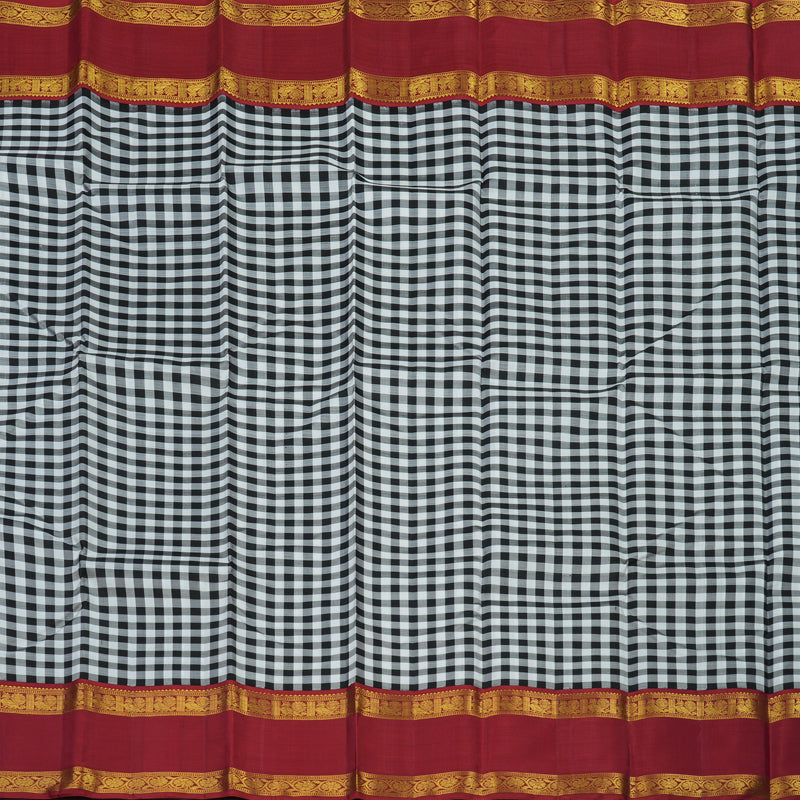 Hayagrivas Handloom Black & White Checks Kanjivaram Silk Saree with Maroon Border KBE1990L6-1