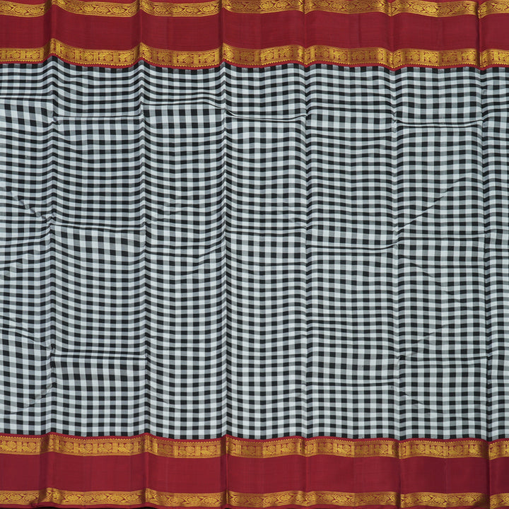 Hayagrivas Handloom Black & White Checks Kanjivaram Silk Saree with Maroon Border KBE1990L6-1