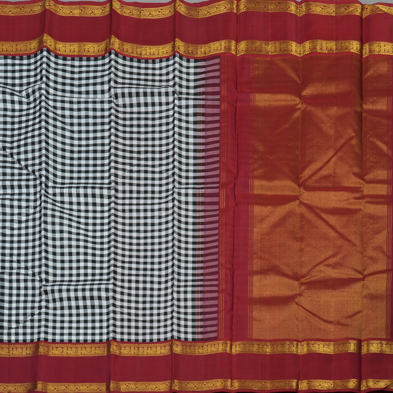 Hayagrivas Handloom Black & White Checks Kanjivaram Silk Saree with Maroon Border KBE1990L6-1
