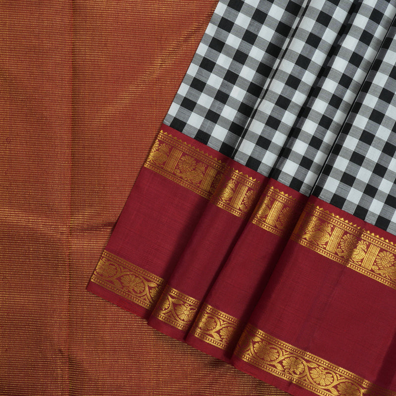 Hayagrivas Handloom Black & White Checks Kanjivaram Silk Saree with Maroon Border KBE1990L6-1