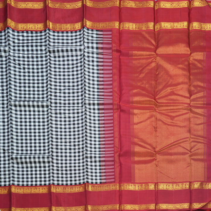 Hayagrivas Handloom Black &amp; White Checks Kanjivaram Silk Saree with Maroon Border KBE1945L7-2