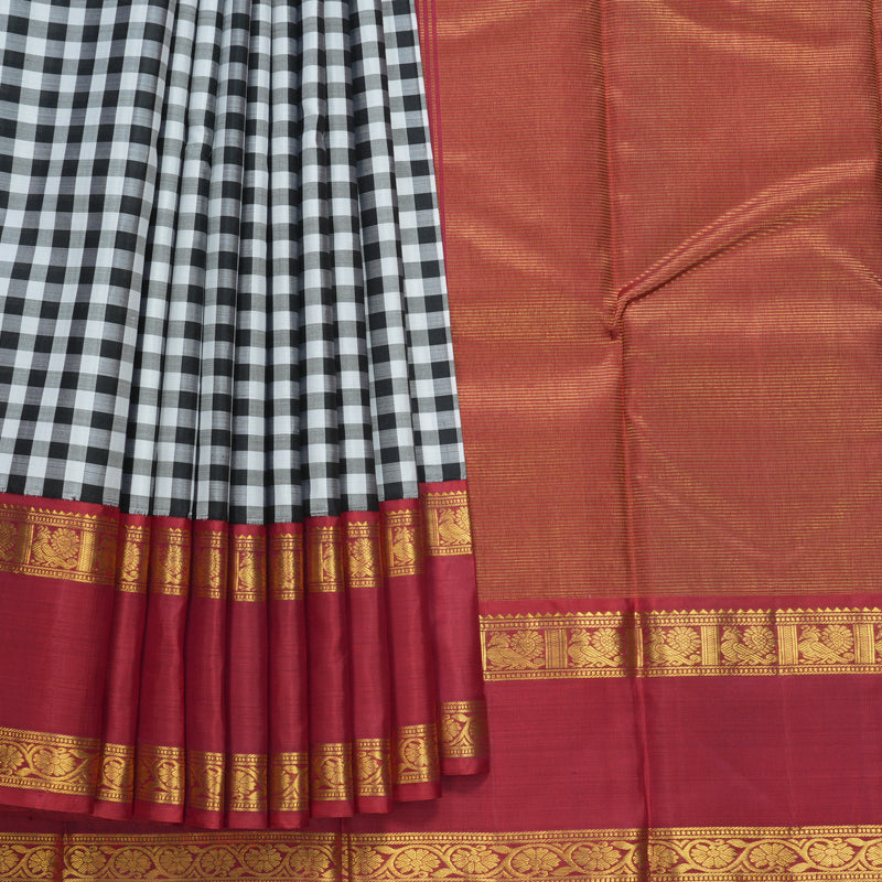 Hayagrivas Handloom Black &amp; White Checks Kanjivaram Silk Saree with Maroon Border KBE1945L7-2
