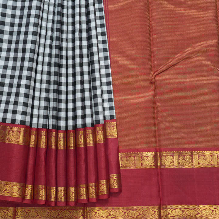 Hayagrivas Handloom Black &amp; White Checks Kanjivaram Silk Saree with Maroon Border KBE1945L7-2