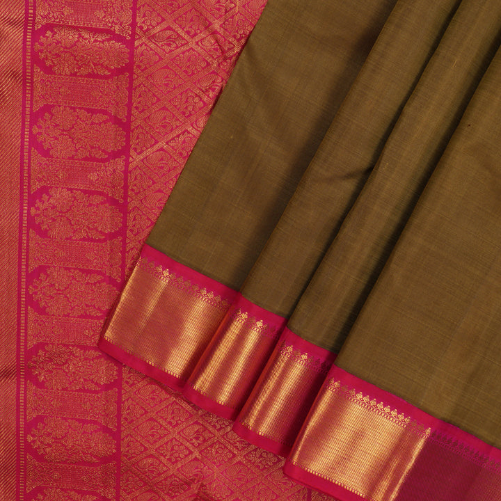 Hayagrivas Handloom Khaki Brown Kanjivaram Silk Saree with Rani Pink Border KBE1945L8-1