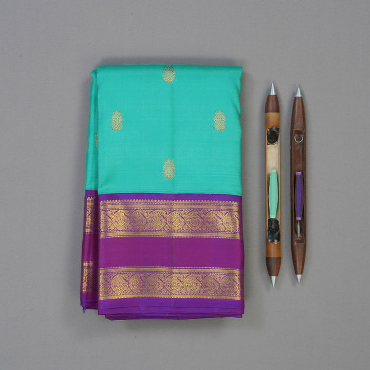 Hayagrivas Handloom Bright Teal Kanjivaram Silk Saree with Purple Border KBE1946L3-1