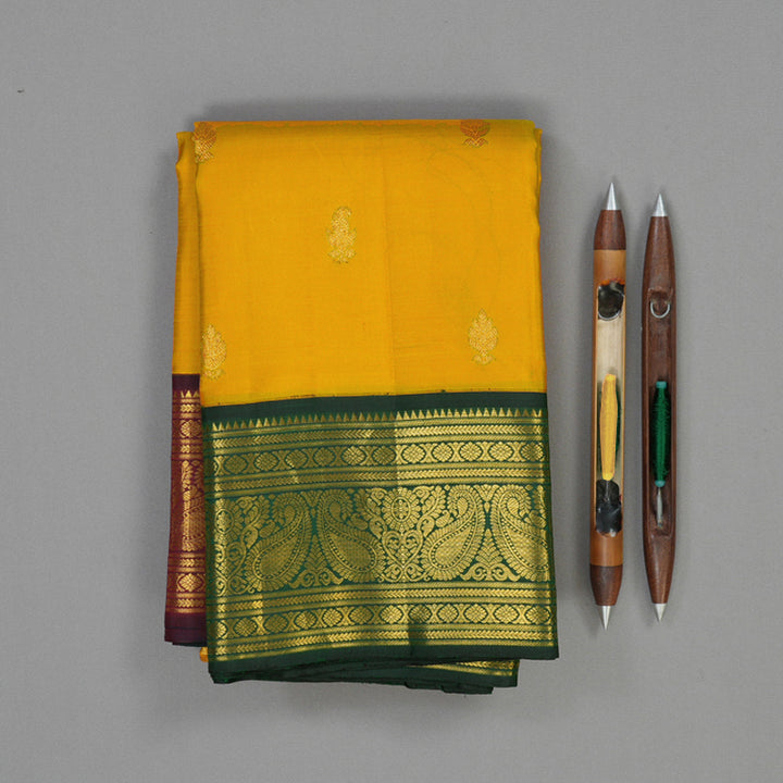 Hayagrivas Handloom Turmeric Yellow Kanjivaram Silk Saree with Ganga Jamuna Border KBE1947L1-1