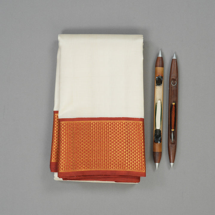 Hayagrivas Handloom Half-White Kanjivaram Silk Saree with Rust Orange border KBE1948L1-1