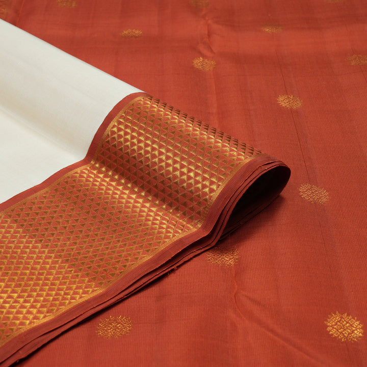 Hayagrivas Handloom Half-White Kanjivaram Silk Saree with Rust Orange border KBE1948L1-1