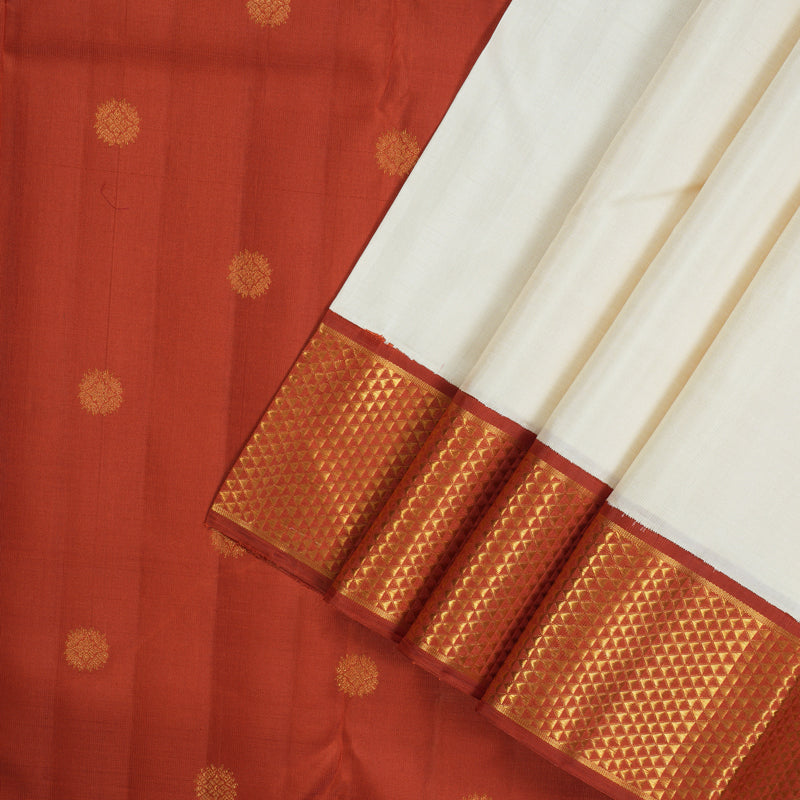 Hayagrivas Handloom Half-White Kanjivaram Silk Saree with Rust Orange border KBE1948L1-1