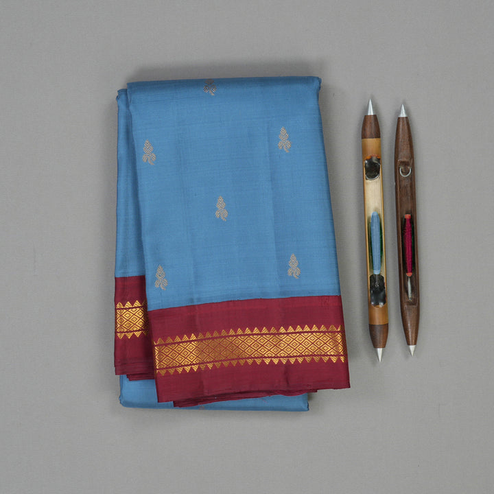 Hayagrivas Handloom Bluish-Grey Kanjivaram Silk Saree with Maroon border KBE1948L3-1