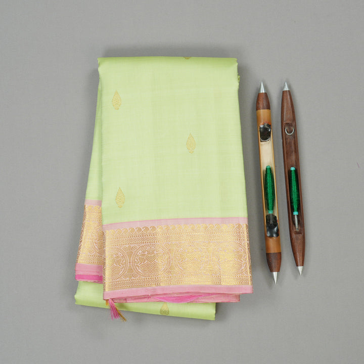Hayagrivas Apple Green Handloom Kanjivaram Silk Saree with Baby Pink Border KBE194D1-9