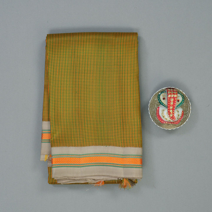 Hayagrivas Handloom Yellow & Green Muted Checks Kanjivaram Silk Saree KBE1950L2-4