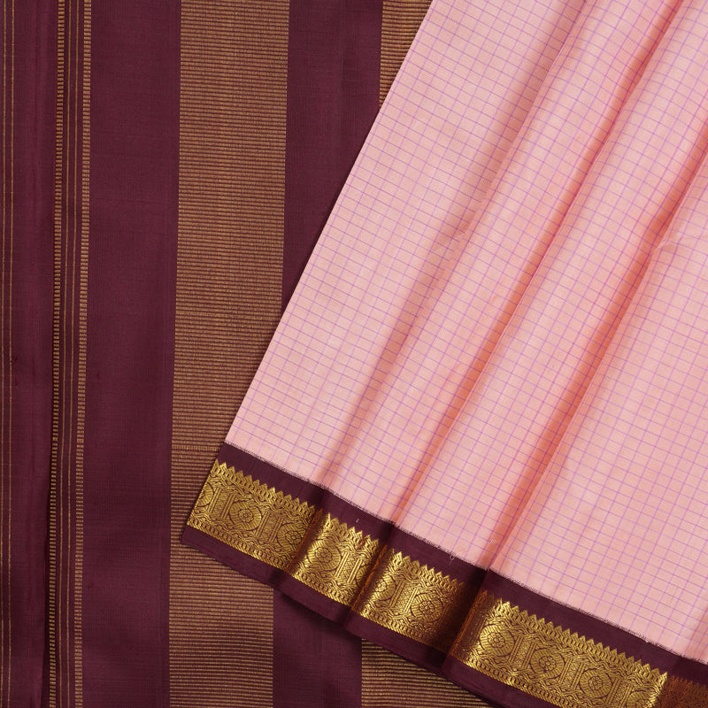 Hayagrivas Handloom Peach Pink Kanjivaram Silk Saree with Wine Maroon Border KBE1951L2-1
