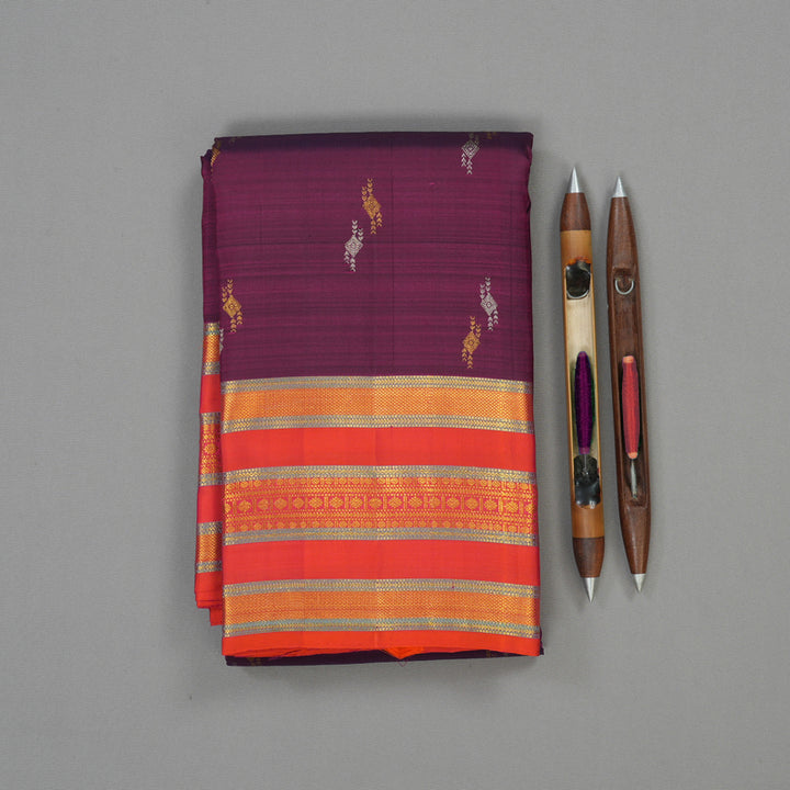 Hayagrivas Handloom Purple Kanjivaram Silk Saree with Pinkish-Orange Border KBE1954L10-4
