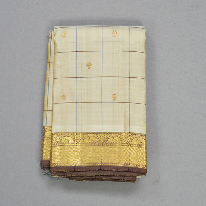 Hayagrivas Handloom Half-White Kanjivaram Silk Saree with Light Brown Border KBE1958L1-1