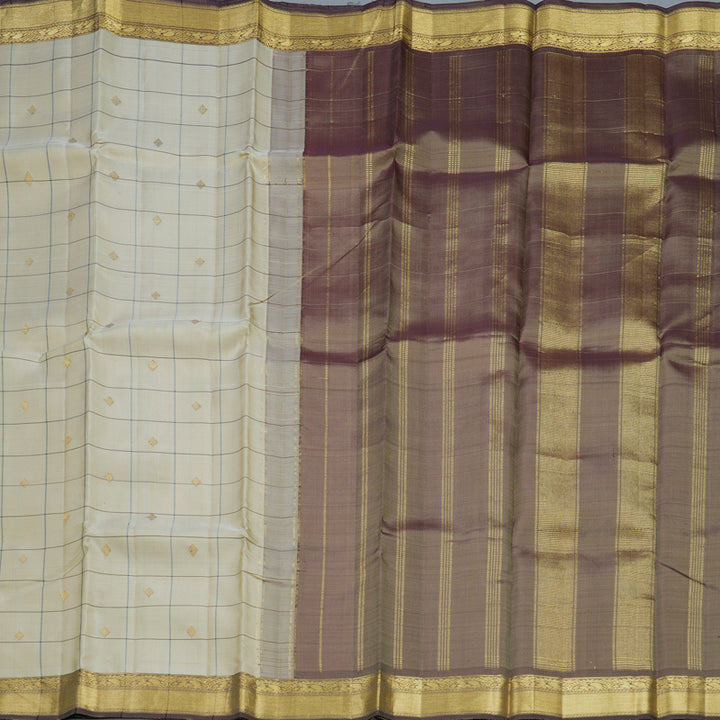 Hayagrivas Handloom Half-White Kanjivaram Silk Saree with Light Brown Border KBE1958L1-1
