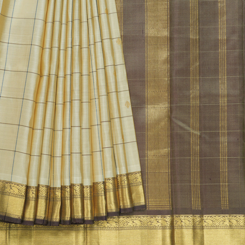 Hayagrivas Handloom Half-White Kanjivaram Silk Saree with Light Brown Border KBE1958L1-1