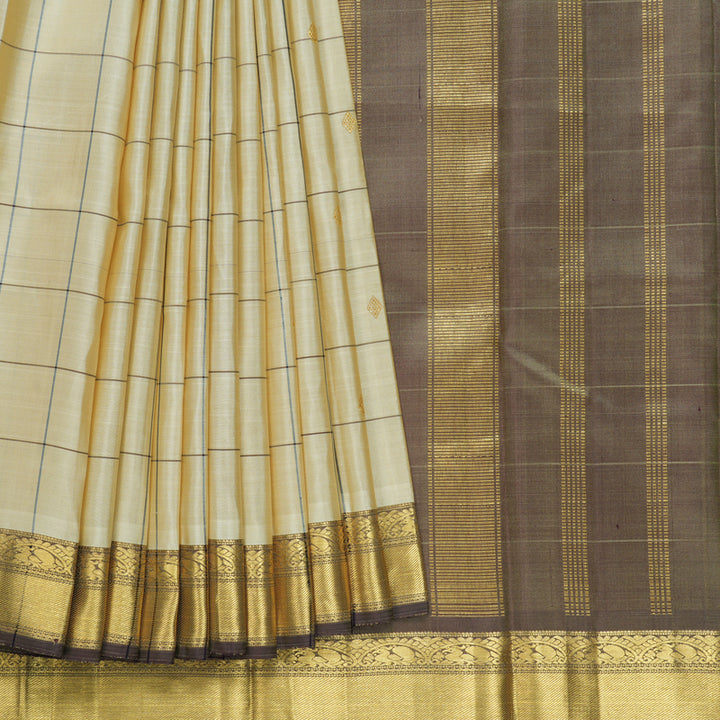 Hayagrivas Handloom Half-White Kanjivaram Silk Saree with Light Brown Border KBE1958L1-1