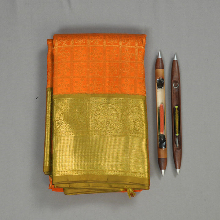 Hayagrivas Handloom Orange Kanjivaram Silk Saree with Sampanga Yellow Border KBE1960L5-1