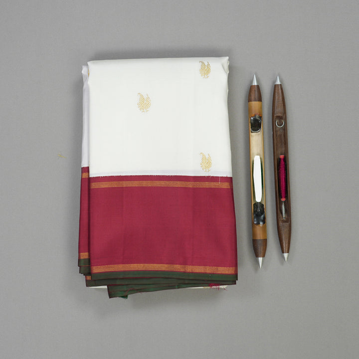 Hayagrivas Handloom Milk-White Kanjivaram Silk Saree with Maroon border KBE1977L1-1