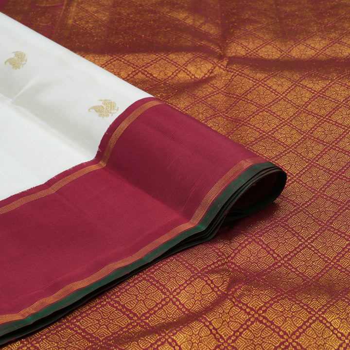 Hayagrivas Handloom Milk-White Kanjivaram Silk Saree with Maroon border KBE1977L1-1