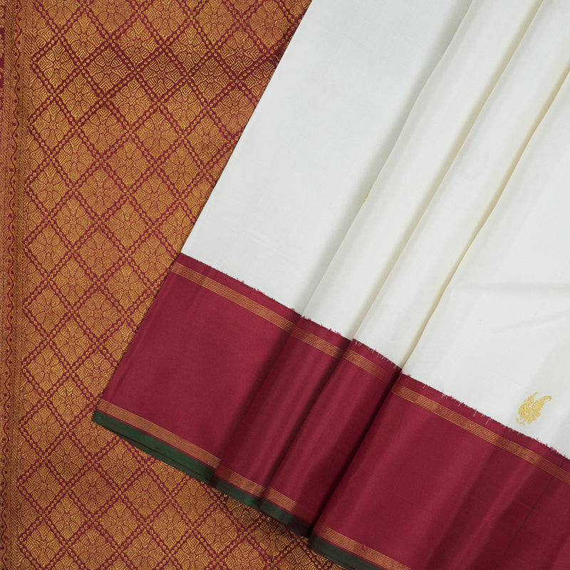 Hayagrivas Handloom Milk-White Kanjivaram Silk Saree with Maroon border KBE1977L1-1