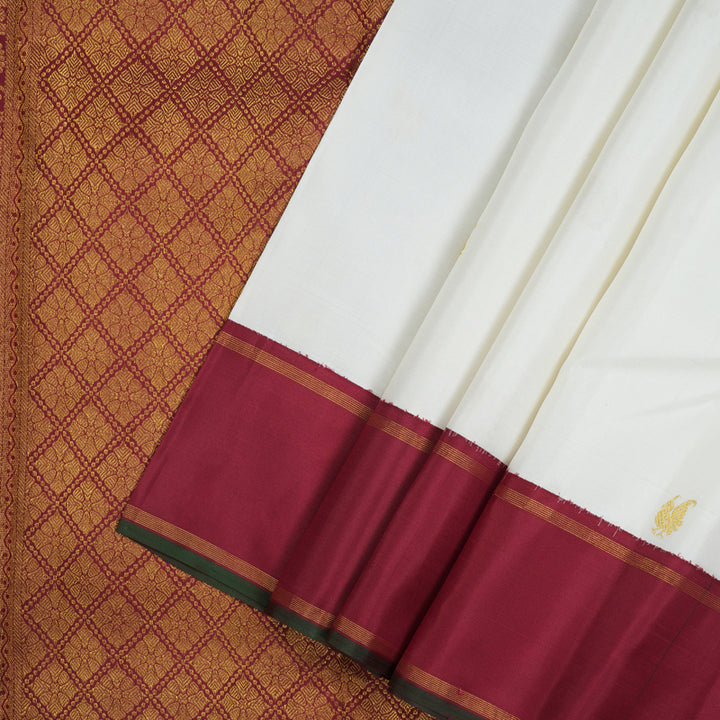 Hayagrivas Handloom Milk-White Kanjivaram Silk Saree with Maroon border KBE1977L1-1