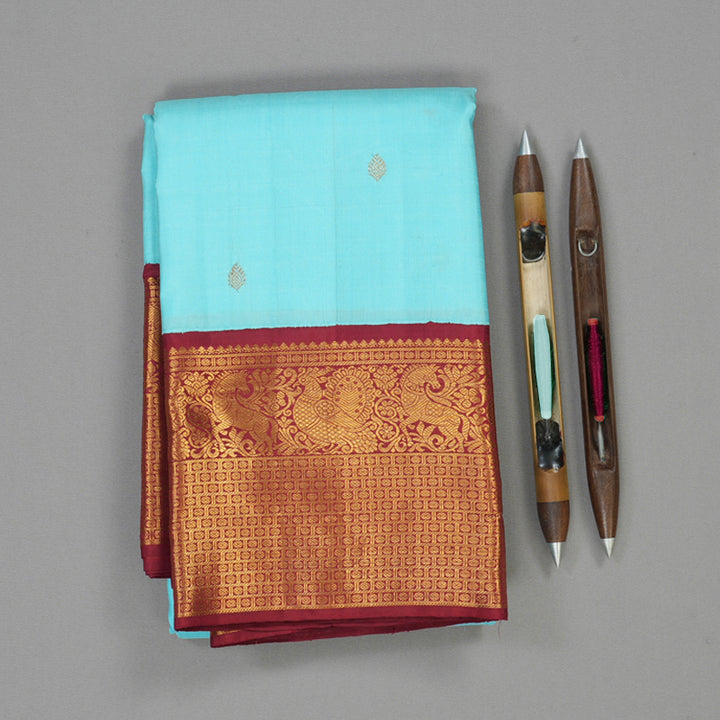 Hayagrivas Handloom Sky Blue Kanjivaram Silk Saree with Maroon Border KBE1982L1-1