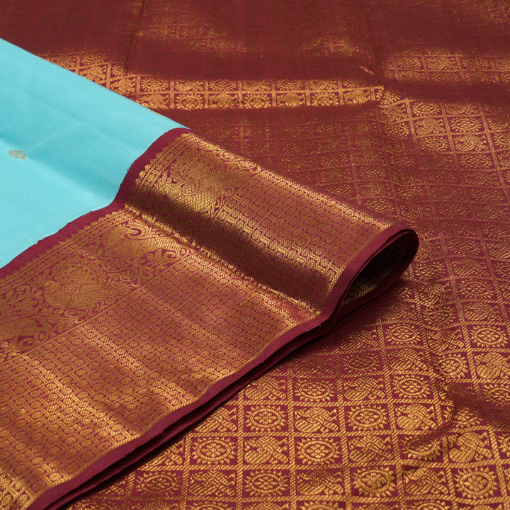 Hayagrivas Handloom Sky Blue Kanjivaram Silk Saree with Maroon Border KBE1982L1-1